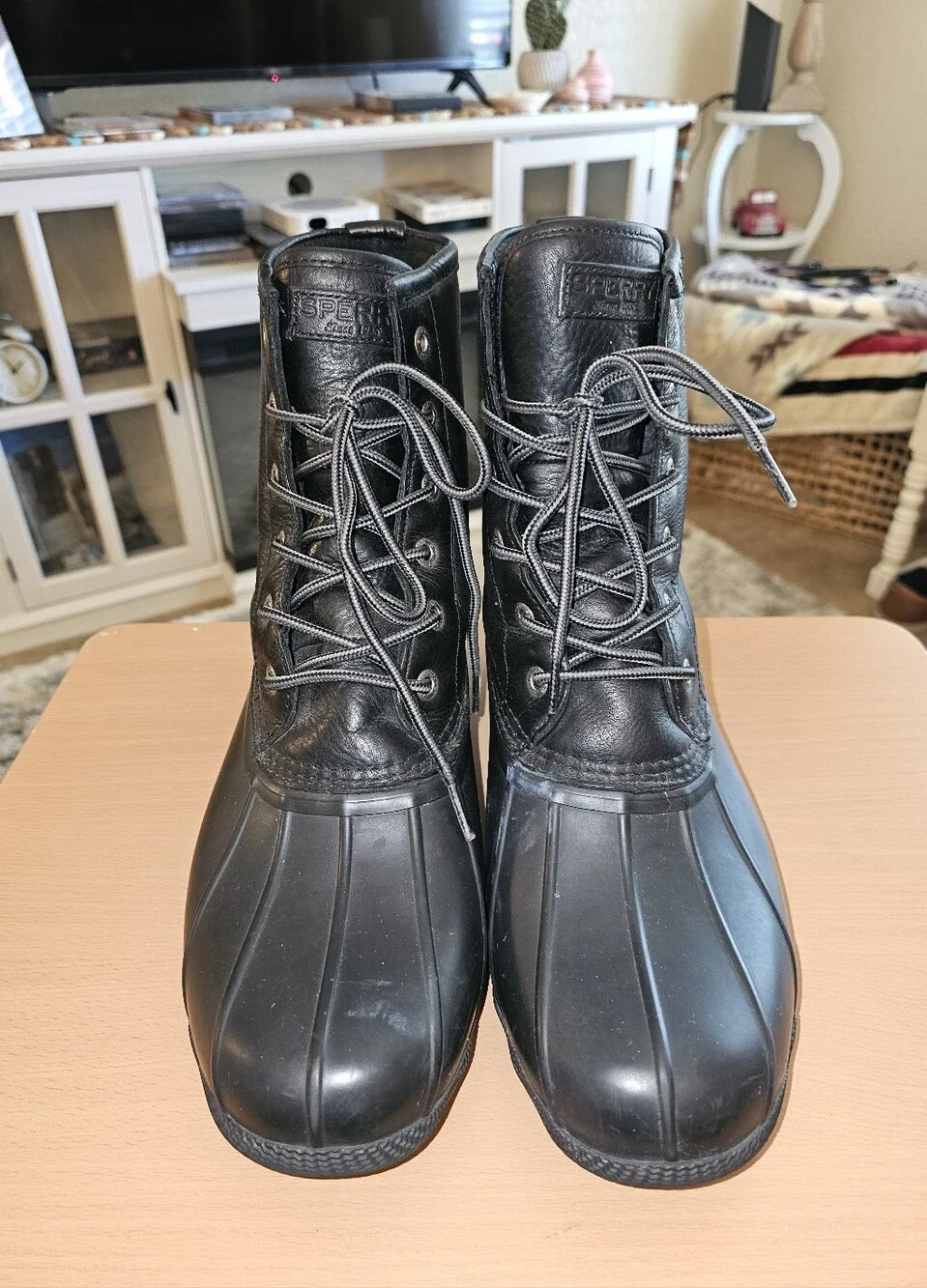 SPERRY Saltwater Duck Boots Black Leather Uppers Size 11 VERY GOOD Pre-owned!